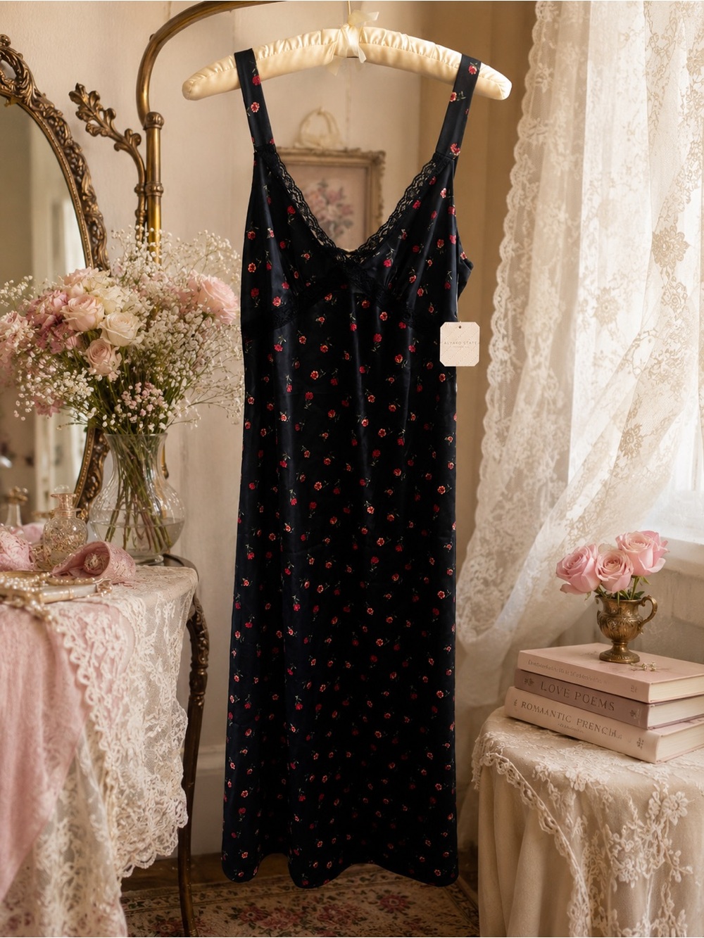 Altar’d State Black Floral Lace Slip Midi Dress Size Small NWT Cottagecore